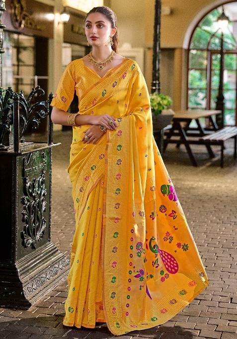 Golden Yellow Embroidered Silk Saree Set