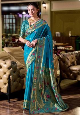 Sky Blue Embroidered Silk Saree Set