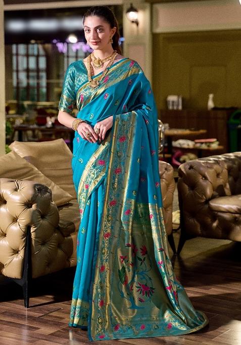 Sky Blue Embroidered Silk Saree Set