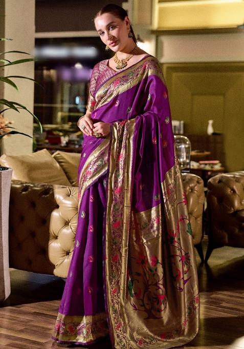 Purple Embroidered Silk Saree Set
