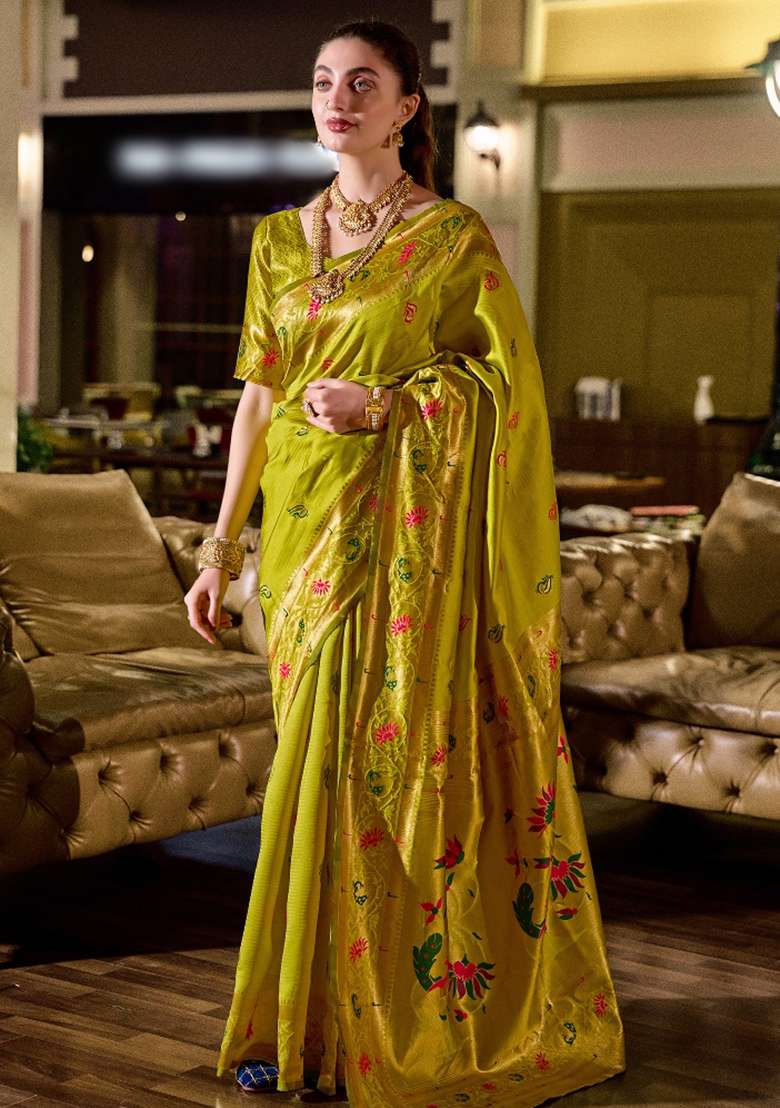Light Green Embroidered Silk Blend Saree Set for Diwali and Festive Wear - Indya