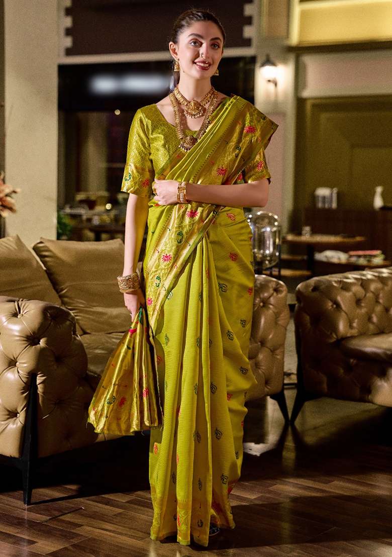 Light Green Embroidered Silk Blend Saree Set for Diwali and Festive Wear - Indya