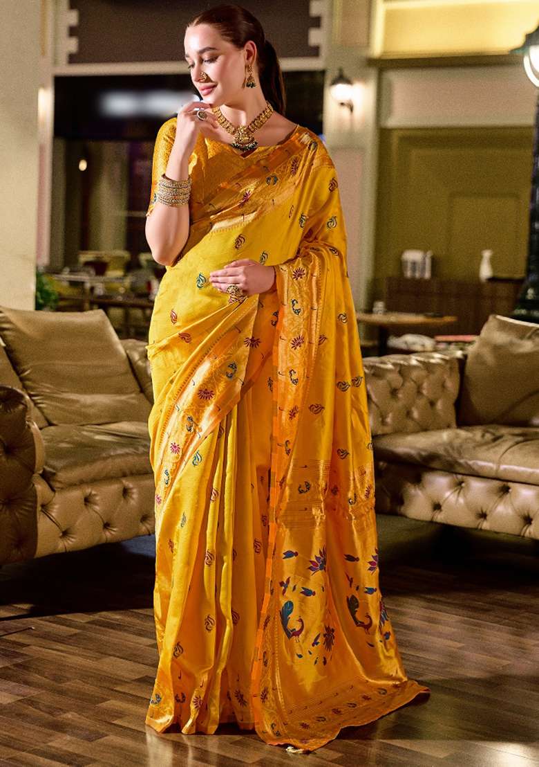 Golden Yellow Silk Blend Saree Set with Embroidered for Diwali | Wedding & Festive Wear - Indya