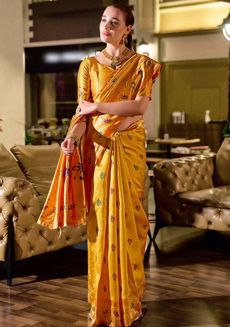 Golden Yellow Silk Blend Saree Set with Embroidered for Diwali | Wedding & Festive Wear - Indya