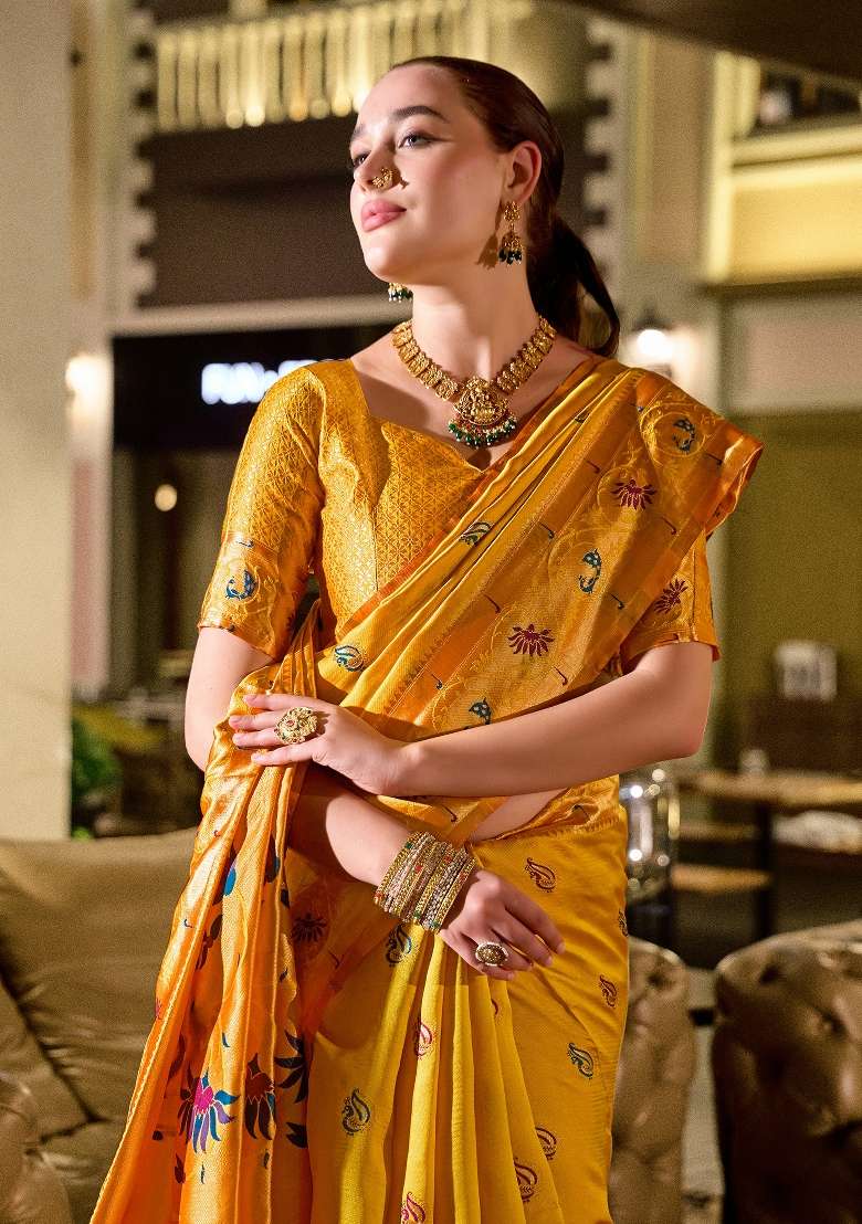 Golden Yellow Silk Blend Saree Set with Embroidered for Diwali | Wedding & Festive Wear - Indya