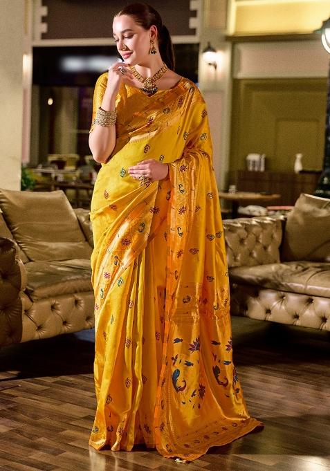 Golden Yellow Embroidered Silk Saree Set