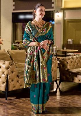 Deep Teal Embroidered Silk Saree Set