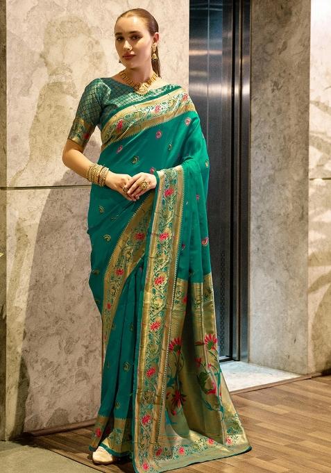 Green Embroidered Silk Saree Set