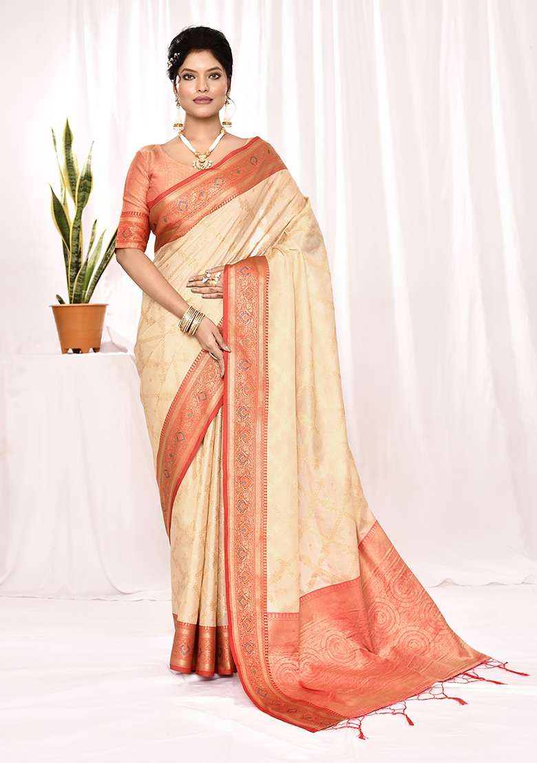 Cream Silk Blend Saree Set with Embroidered for Diwali | Wedding & Festive Wear - Indya