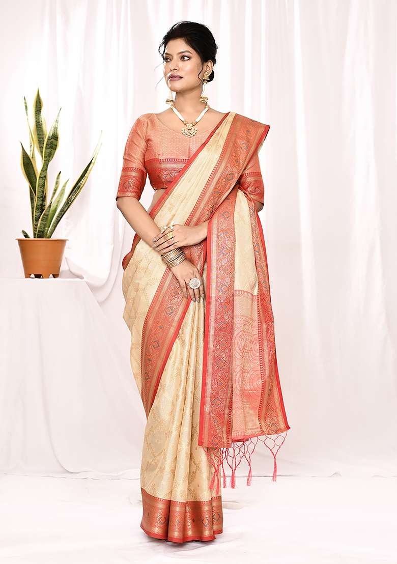 Cream Silk Blend Saree Set with Embroidered for Diwali | Wedding & Festive Wear - Indya