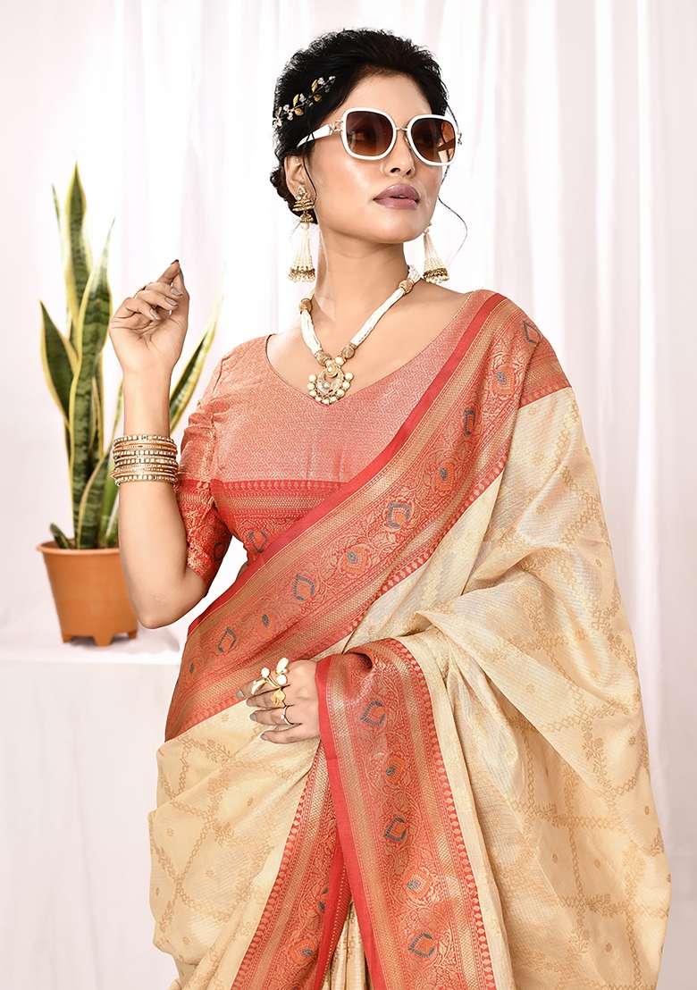 Cream Silk Blend Saree Set with Embroidered for Diwali | Wedding & Festive Wear - Indya