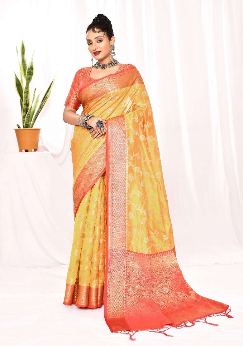 Golden Yellow Silk Blend Saree Set with Embroidered for Diwali | Wedding & Festive Wear - Indya