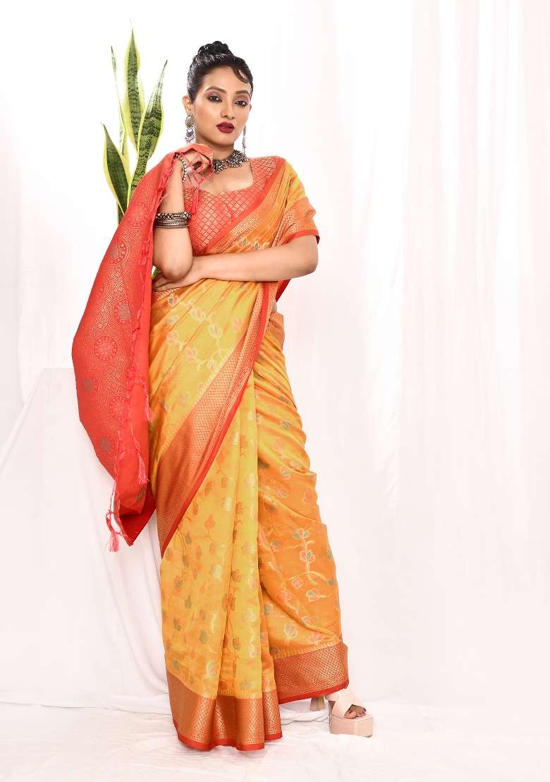 Golden Yellow Silk Blend Saree Set with Embroidered for Diwali | Wedding & Festive Wear - Indya