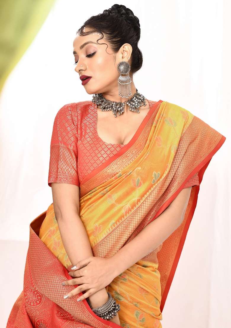 Golden Yellow Silk Blend Saree Set with Embroidered for Diwali | Wedding & Festive Wear - Indya