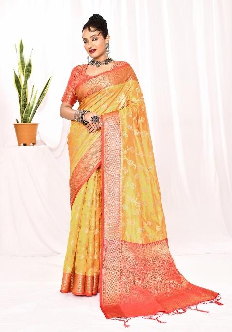 Golden Yellow Embroidered Silk Saree Set
