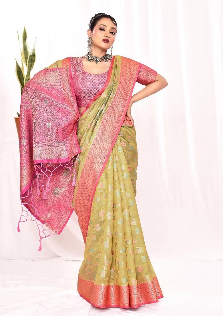 Green Embroidered Silk Saree Set