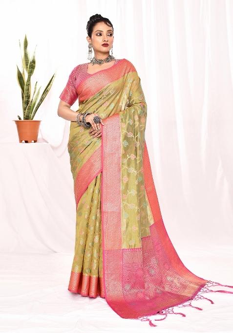 Green Embroidered Silk Saree Set