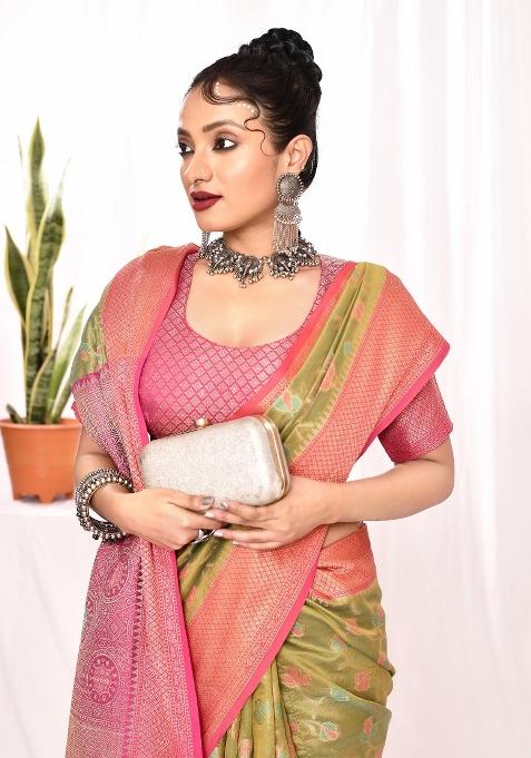 Green Embroidered Silk Saree Set