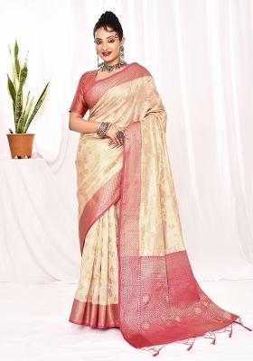 Cream Embroidered Silk Saree Set