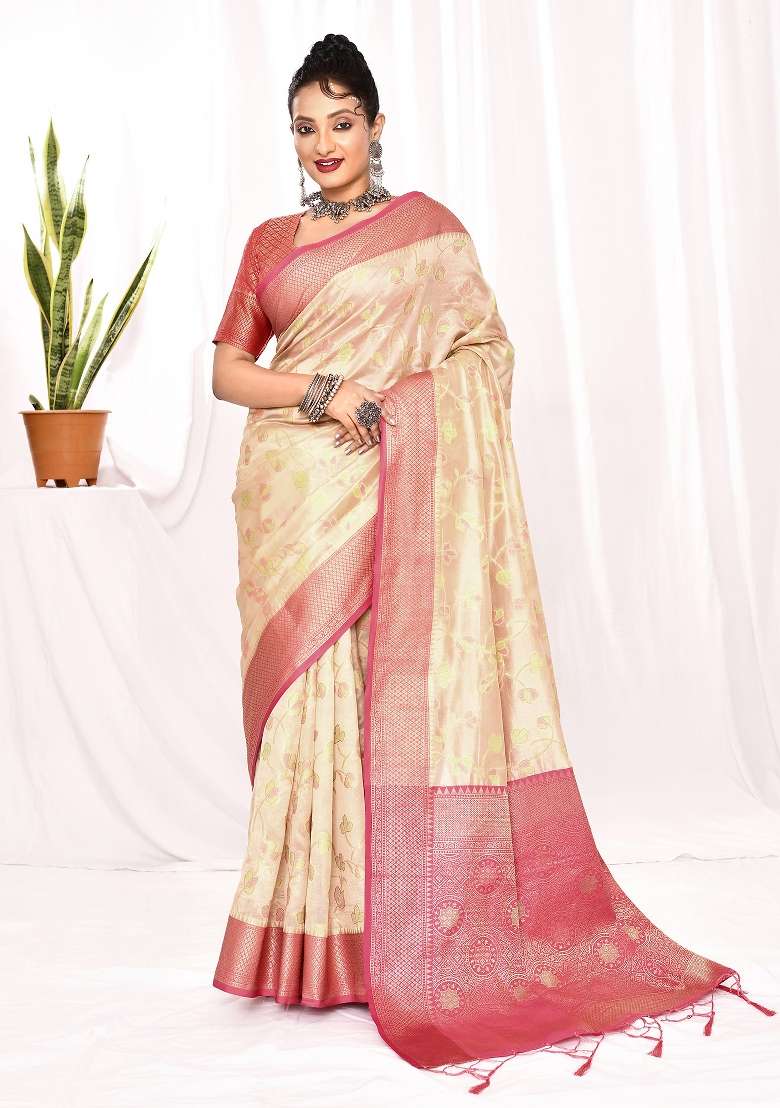 Cream Embroidered Silk Blend Saree Set for Diwali and Festive Wear - Indya