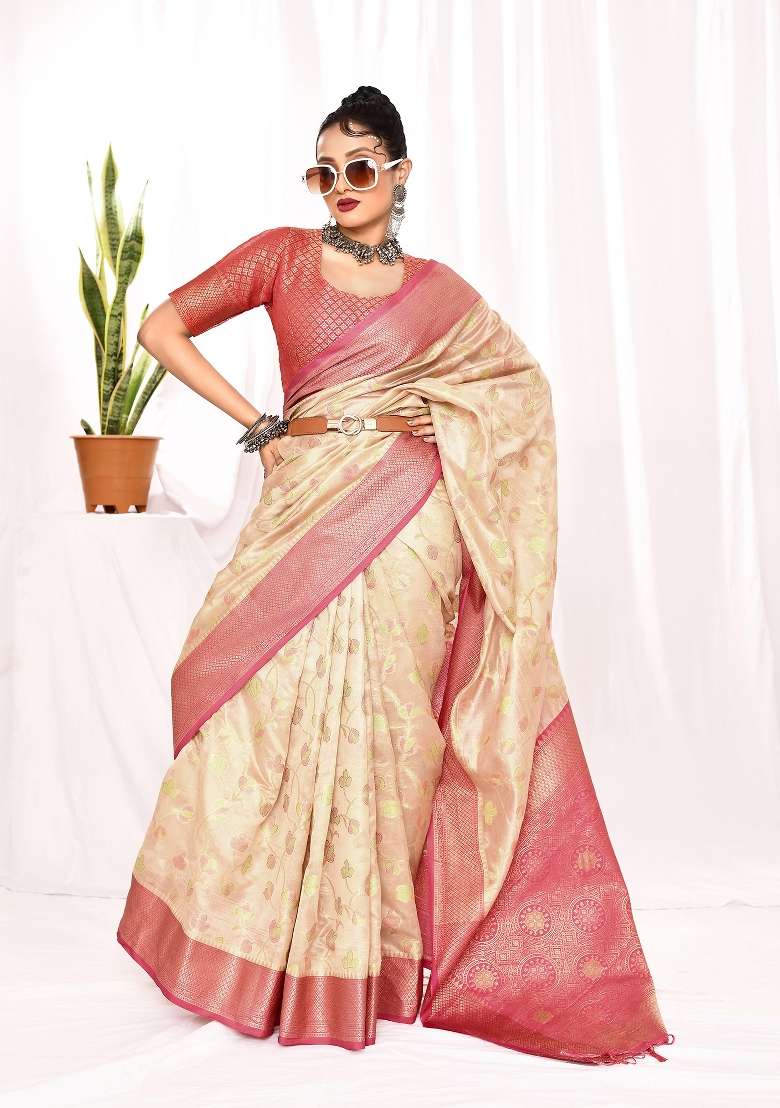 Cream Embroidered Silk Blend Saree Set for Diwali and Festive Wear - Indya