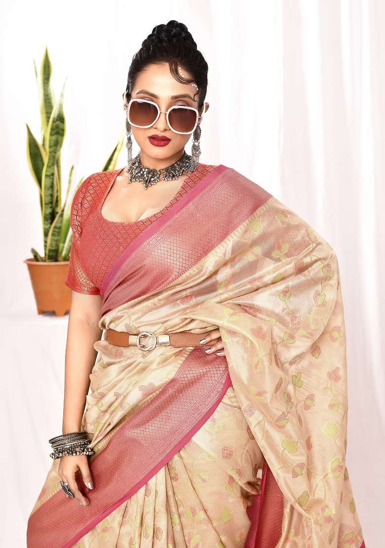 Cream Embroidered Silk Blend Saree Set for Diwali and Festive Wear - Indya