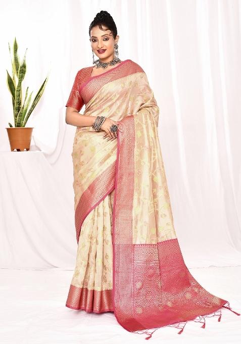 Cream Embroidered Silk Saree Set