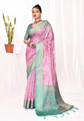 Lavender Embroidered Silk Saree Set