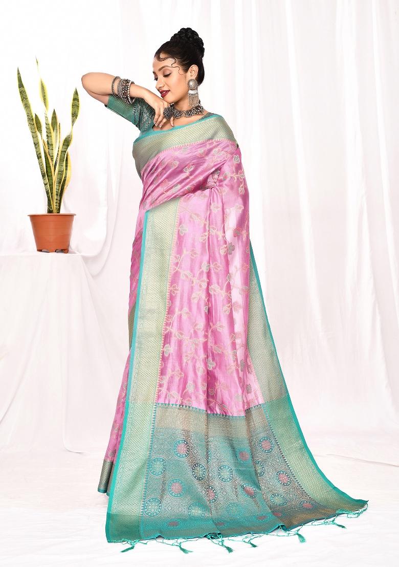 Lavender Embroidered Silk Saree Set