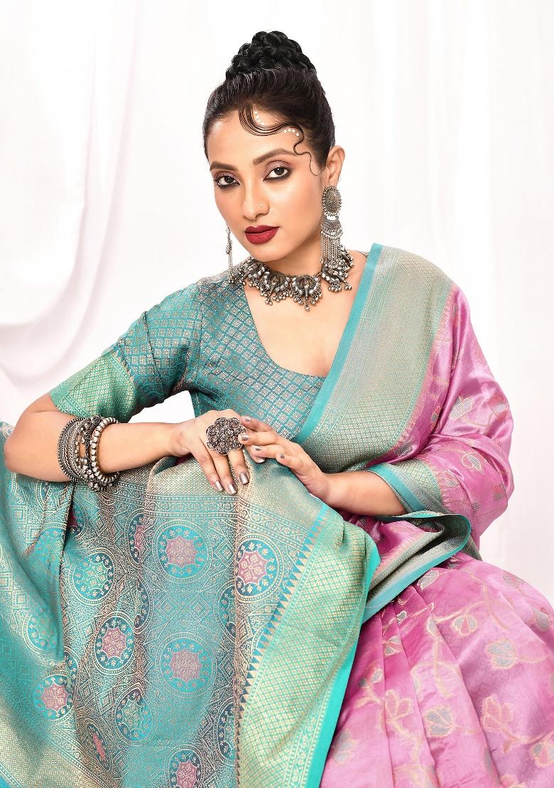 Lavender Embroidered Silk Saree Set