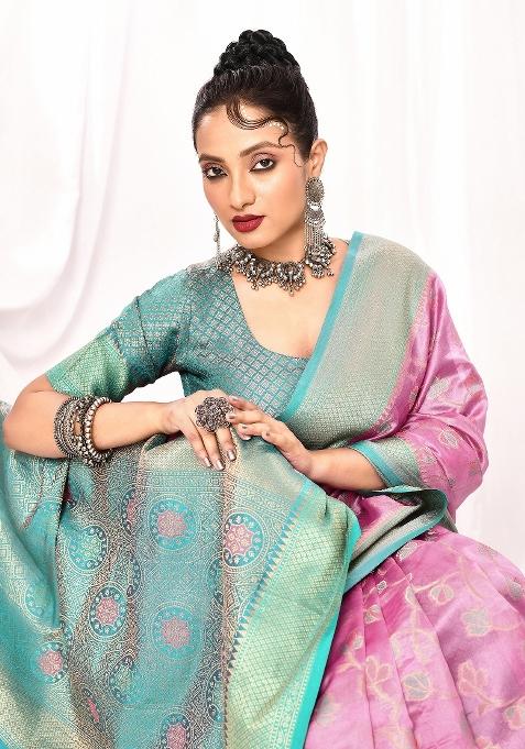 Lavender Embroidered Silk Saree Set