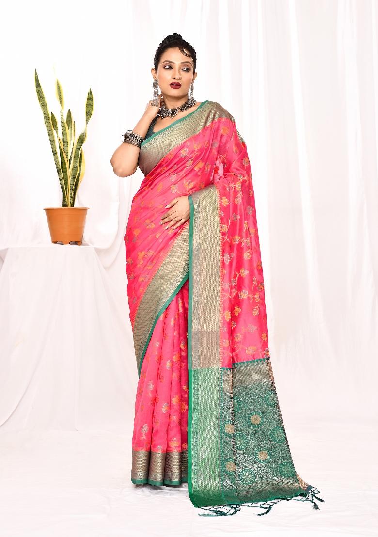 Pink Embroidered Silk Saree Set