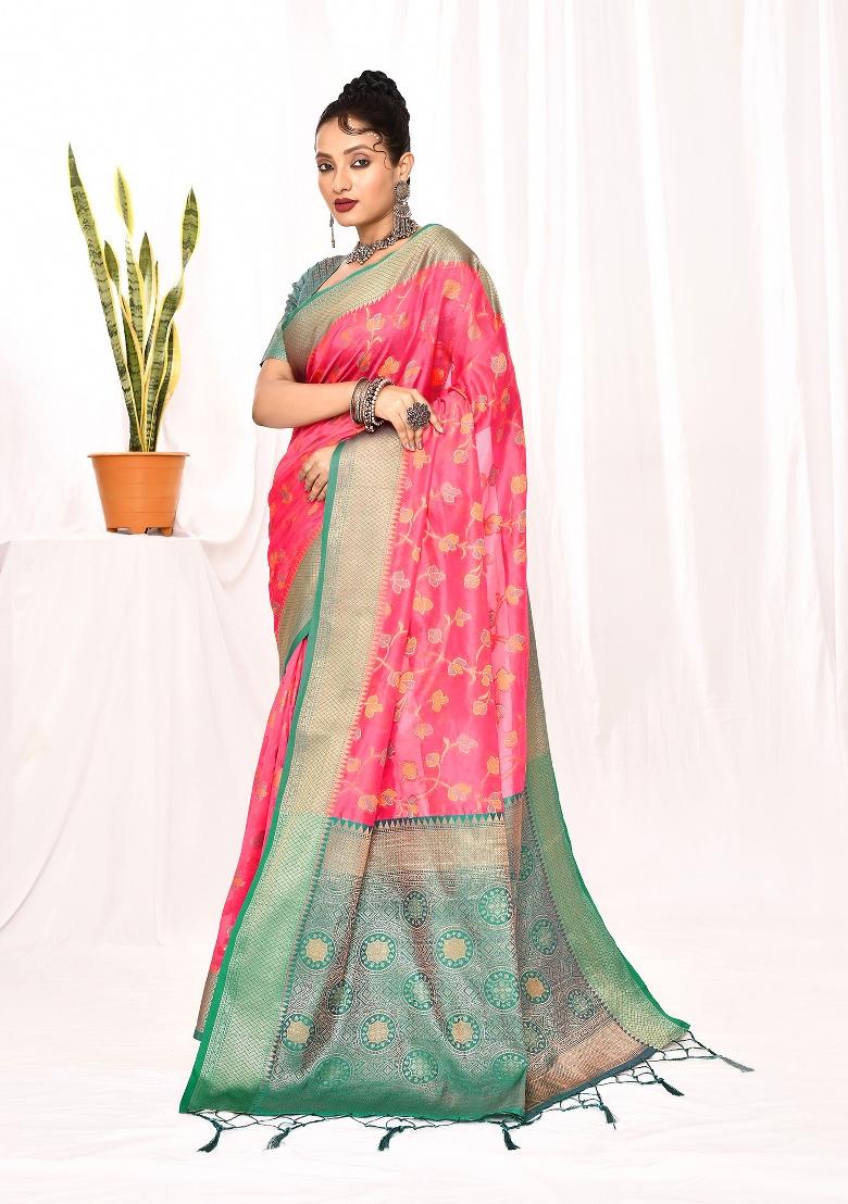 Pink Embroidered Silk Saree Set