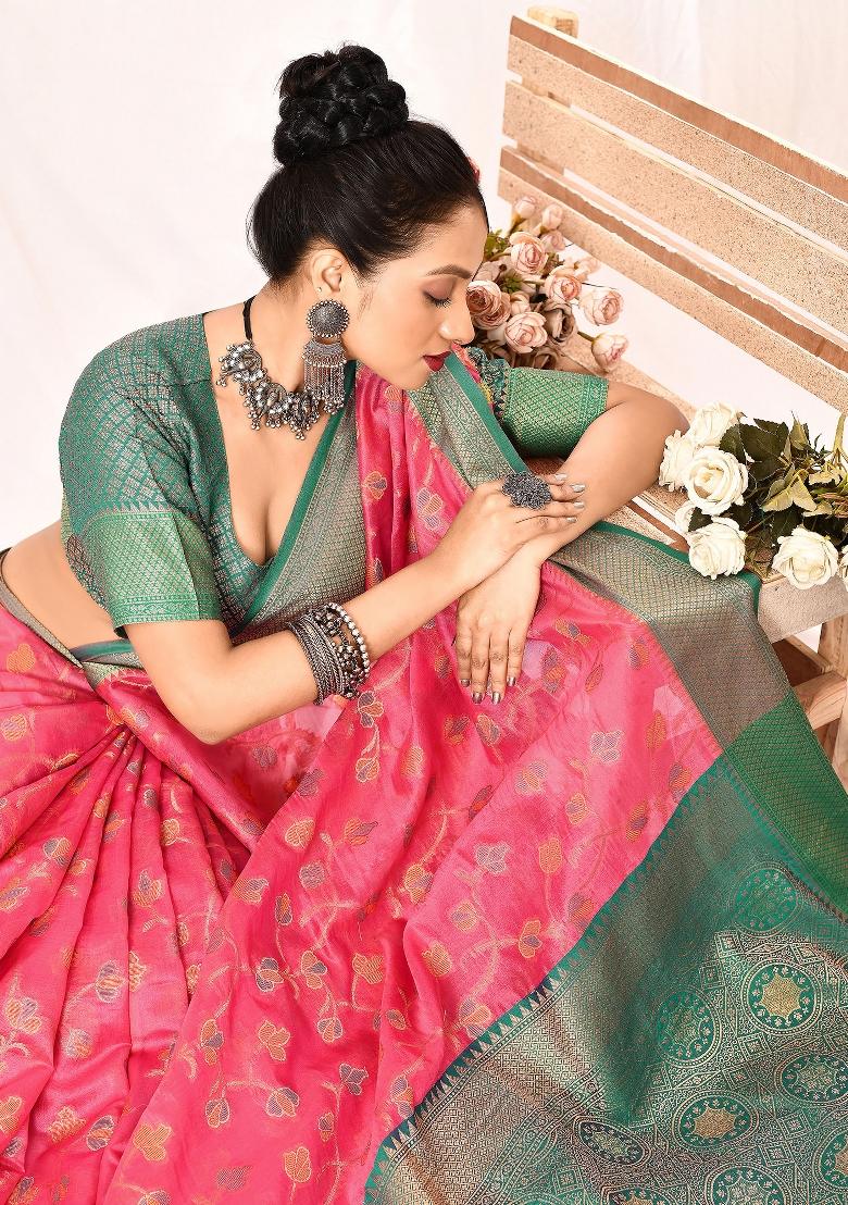 Pink Embroidered Silk Saree Set