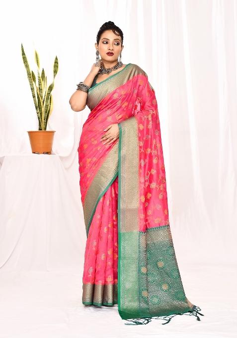Pink Embroidered Silk Saree Set