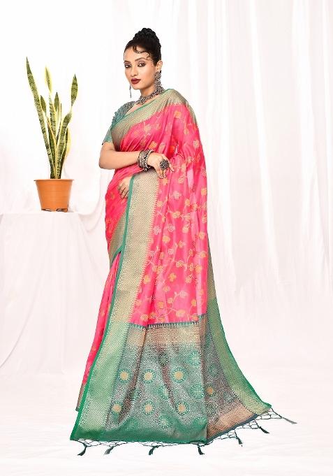 Pink Embroidered Silk Saree Set