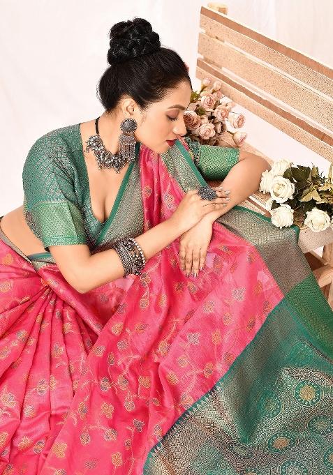 Pink Embroidered Silk Saree Set