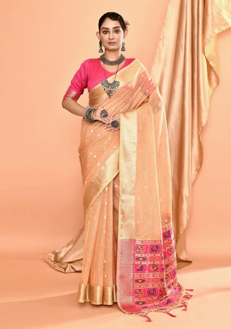 Beige Embroidered Silk Blend Saree Set for Diwali and Festive Wear - Indya