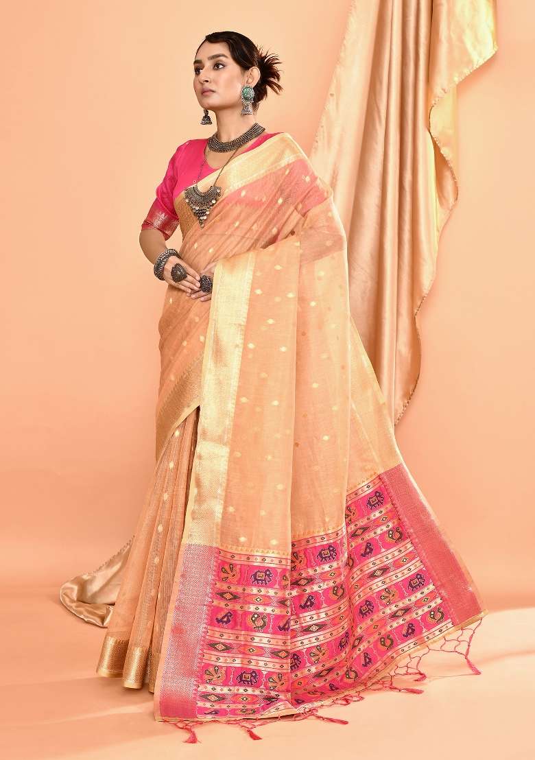 Beige Embroidered Silk Blend Saree Set for Diwali and Festive Wear - Indya