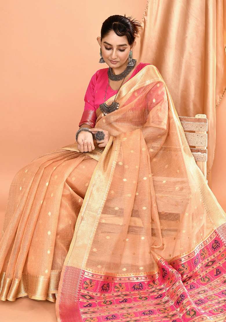 Beige Embroidered Silk Blend Saree Set for Diwali and Festive Wear - Indya