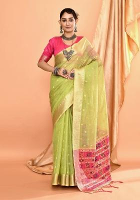 Dusty Green Embroidered Silk Saree Set