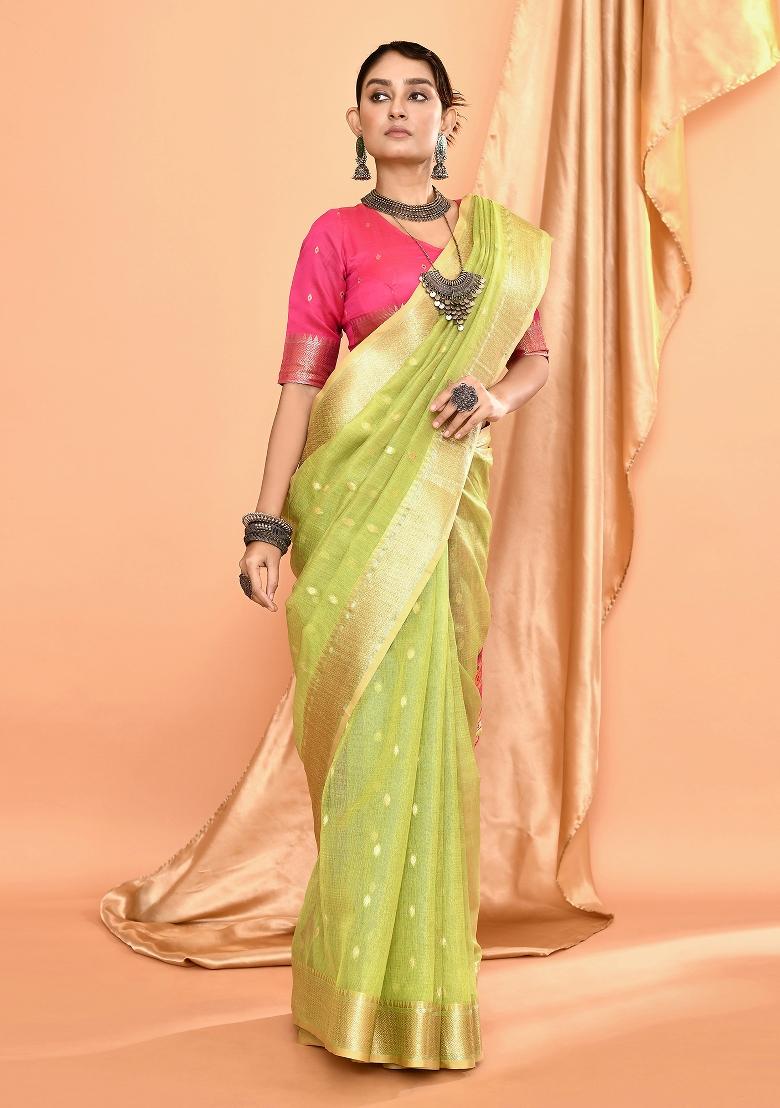 Dusty Green Embroidered Silk Saree Set - Indya