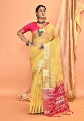Dusty Yellow Embroidered Silk Saree Set