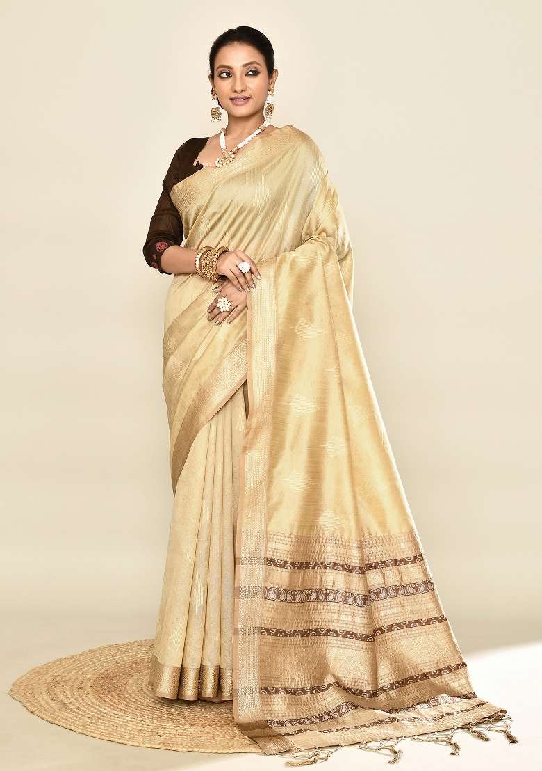 Cream Silk Blend Saree Set with Embroidered for Diwali | Wedding & Festive Wear - Indya