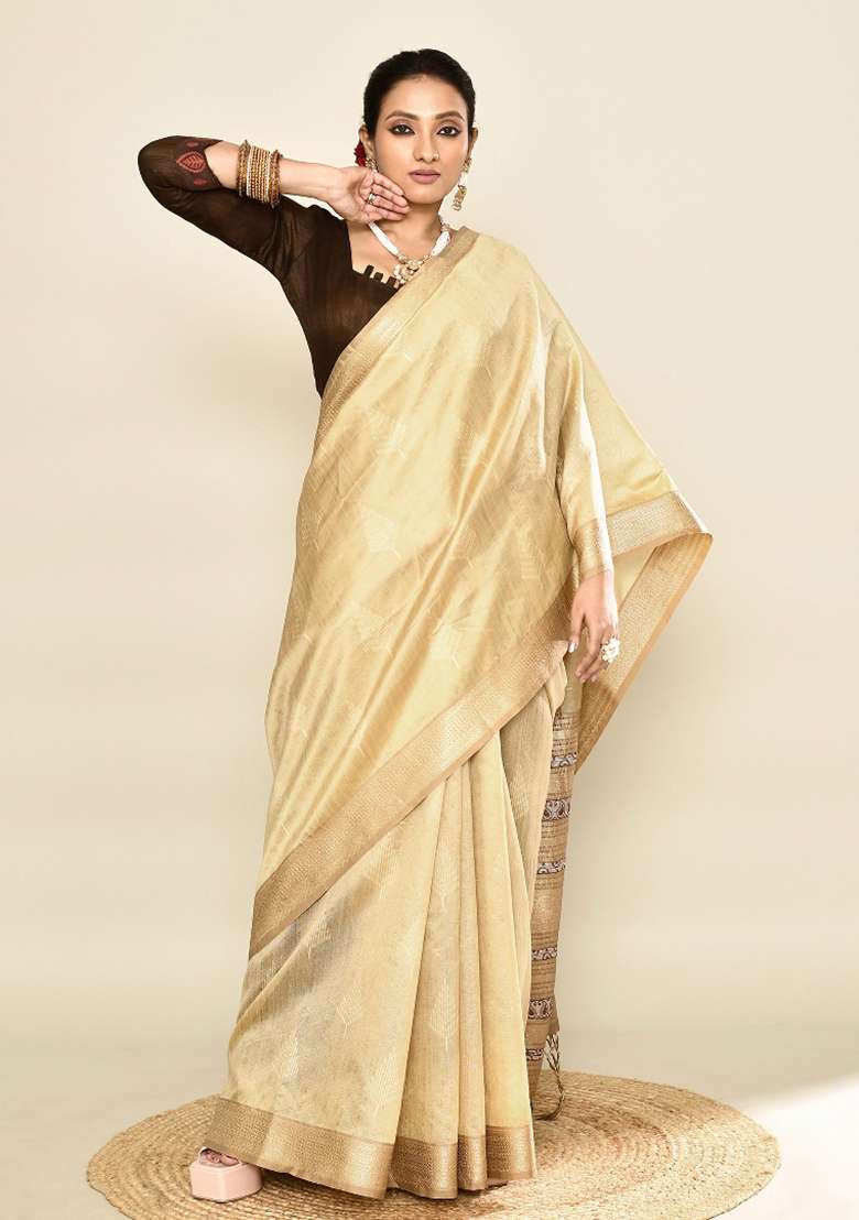 Cream Silk Blend Saree Set with Embroidered for Diwali | Wedding & Festive Wear - Indya