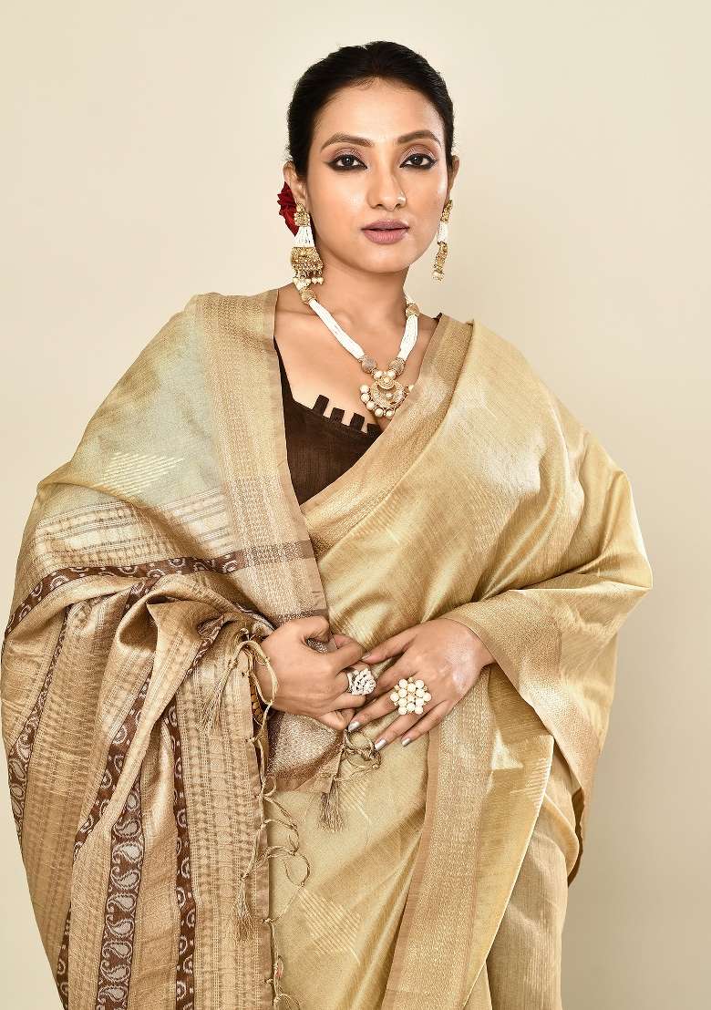 Cream Silk Blend Saree Set with Embroidered for Diwali | Wedding & Festive Wear - Indya