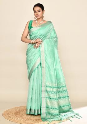 Sea Green Embroidered Silk Saree Set