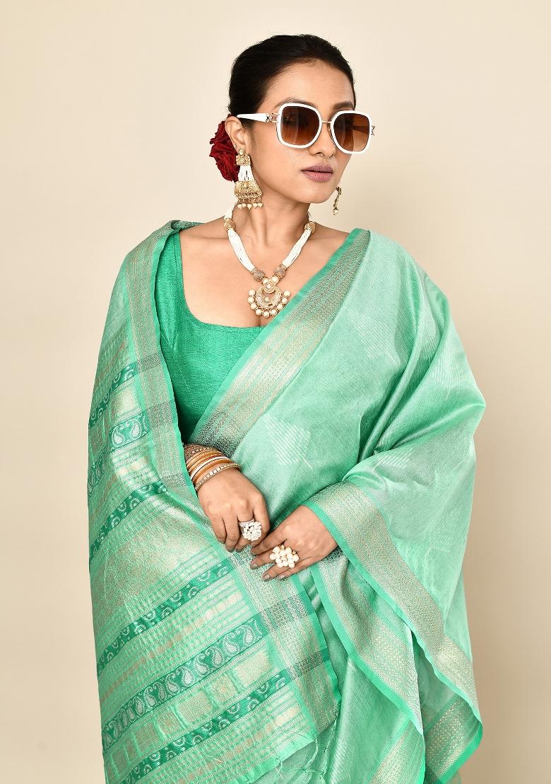 Sea Green Embroidered Silk Saree Set