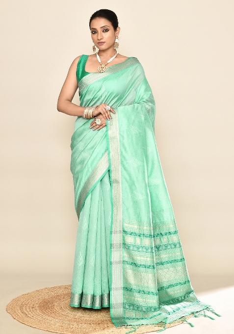 Sea Green Embroidered Silk Saree Set