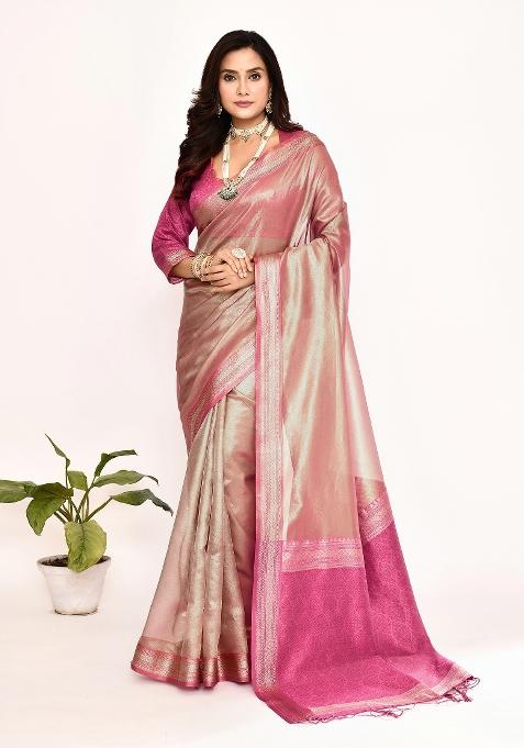 Pink Embroidered Silk Saree Set